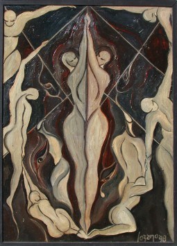 Quadro con figure di corpi, con una coppia al centro che forma un'immagine speculare.